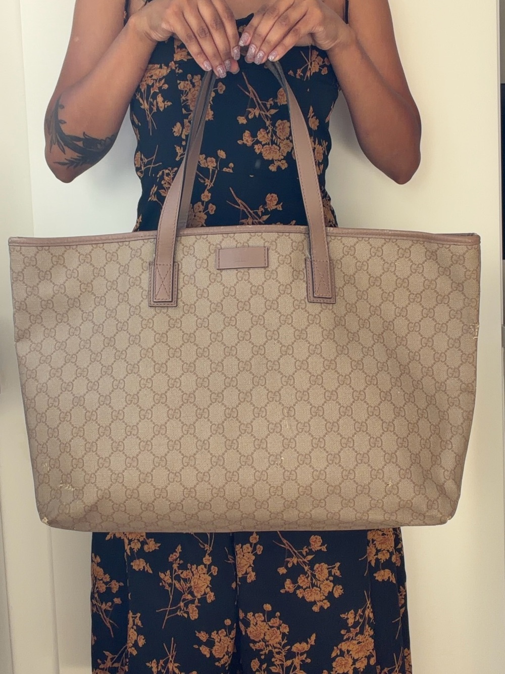 Gucci Beige GG Supreme Canvas Tote with Brown Leather Handles